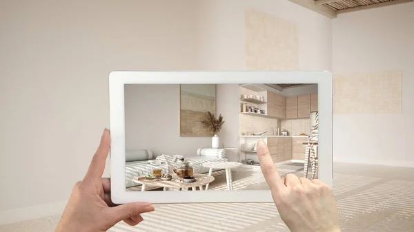拡張現実概念 Arアプリケーションを使用したハンドヘルドタブレットは セラミックタイルで空のインテリアで家具やデザイン製品をシミュレートするために使用されます リビング キッチン テーブル — ストック写真