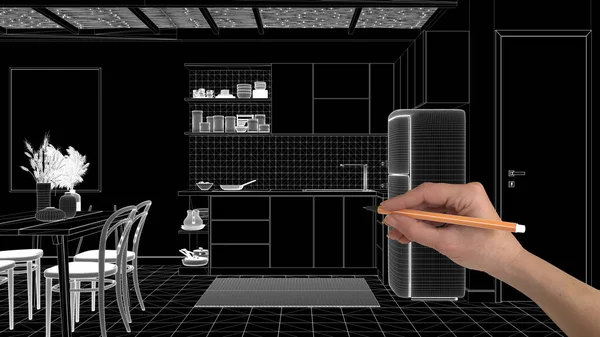 手绘项目Cad草图 黑色背景 白色油墨室内设计 厨房和带竹制天花板的餐厅 建筑师的概念理念 — 图库照片