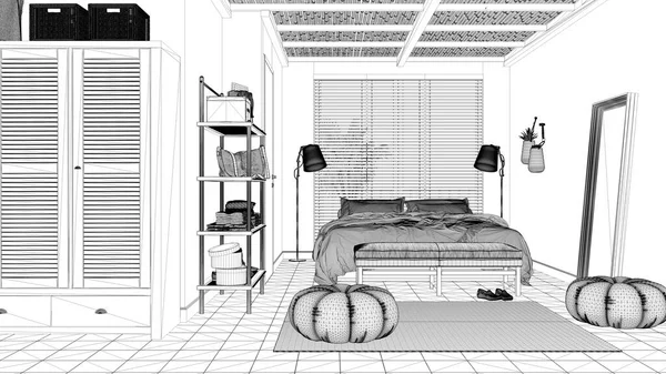 Σχέδιο Έργου Σχέδιο Άνετο Ήσυχο Υπνοδωμάτιο Διπλό Κρεβάτι Μαξιλάρια Και — Φωτογραφία Αρχείου
