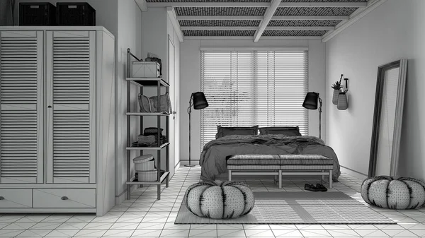 Proyecto Inacabado Acogedor Dormitorio Tranquilo Cama Doble Con Almohadas Mantas — Foto de Stock