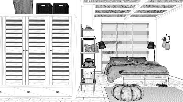 Projet Blueprint Brouillon Confortable Chambre Paisible Lit Double Oreillers Couvertures — Photo