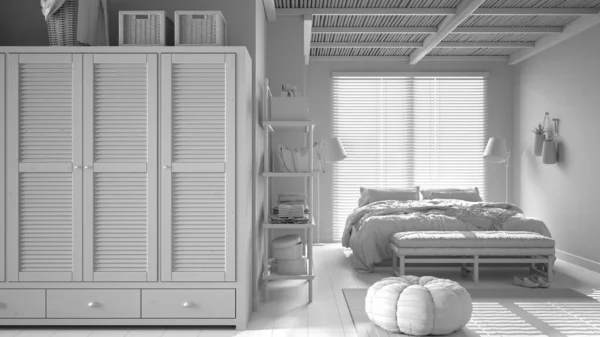 Całkowity Biały Projekt Przytulna Spokojna Sypialnia Podwójne Łóżko Poduszki Koce — Zdjęcie stockowe