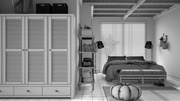 Bitmemiş Proje Konforlu Huzurlu Yatak Odası Çift Kişilik Yatak Yastıklar — Stok fotoğraf
