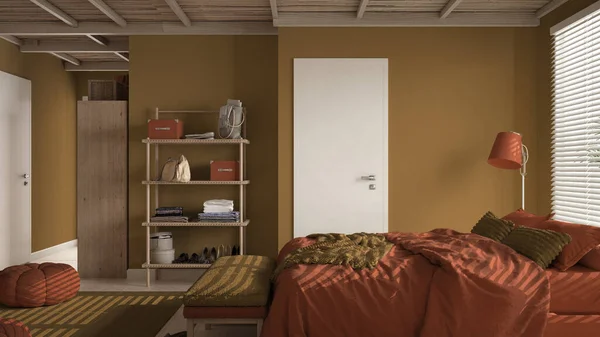 オレンジ色のトーンで居心地の良い木製の静かなベッドルーム 枕と毛布付きのダブルベッド セラミックタイルの床 カーペット ポーチ ベネチアンブラインド付きの窓 モダンなインテリアデザイン — ストック写真