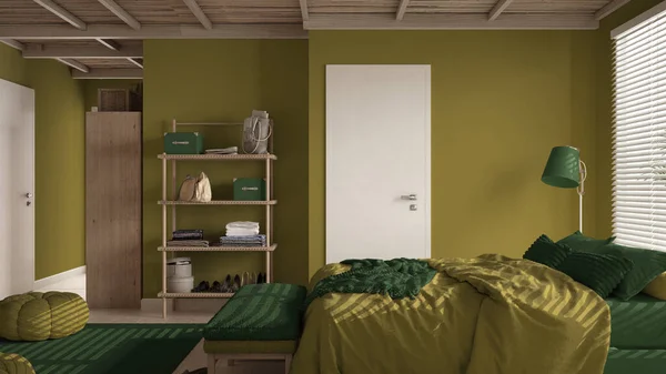 緑の色調で居心地の良い木製の静かなベッドルーム 枕と毛布付きのダブルベッド セラミックタイルの床 カーペット ポーチ ベネチアンブラインド付きの窓 モダンなインテリアデザイン — ストック写真
