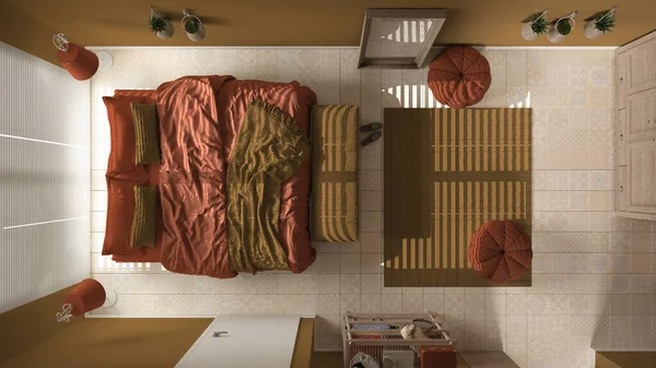 Космическая Деревянная Мирная Спальня Оранжевых Тонах Кровать Подушками Одеялами Керамическая — стоковое фото
