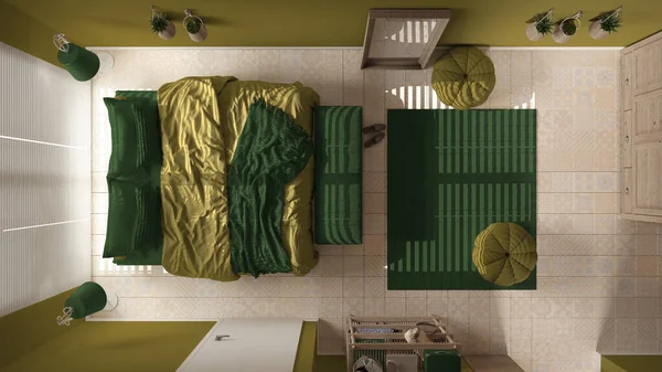 緑の色調で居心地の良い木製の静かなベッドルーム 枕と毛布付きのベッド セラミックタイル カーペット ポーチ ベネチアンブラインド トップビュー プラン 上記のウィンドウ モダンなインテリアデザイン — ストック写真