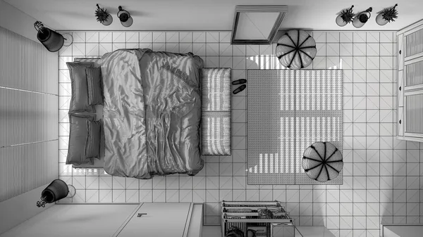 Незакінчений Проект Затишна Спокійна Спальня Ліжко Подушками Ковдрами Керамічна Плитка — стокове фото