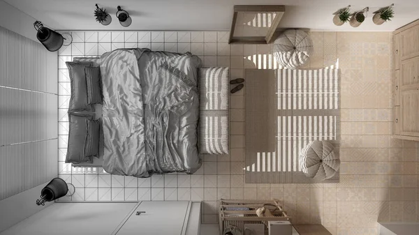 Mimari iç mimar konsepti: tamamlanmamış proje gerçek, rahat yatak odası, yatak odası, yastıklar, battaniyeler, halı, puf, pencere, üst görünüm, plan, modern iç tasarım