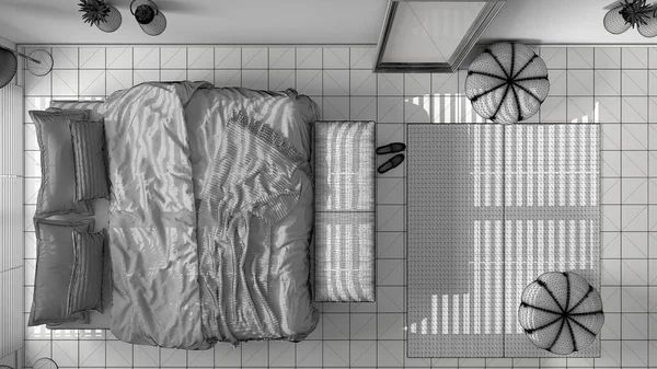 Proyecto Inacabado Acogedor Dormitorio Tranquilo Cama Con Almohadas Mantas Baldosas —  Fotos de Stock