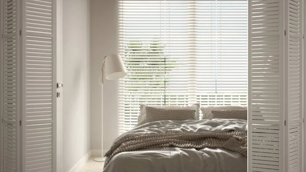 White Folding Door Opening Cosy Peaceful Bedroom Double Bed Duvet — Stock Photo, Image