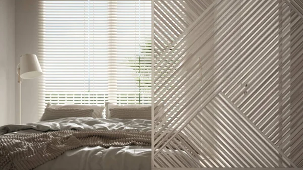 木制面板特写 舒适宁静的木制卧室 双人床 羽绒被 大窗户 Zen室内设计理念 当代建筑模板 — 图库照片