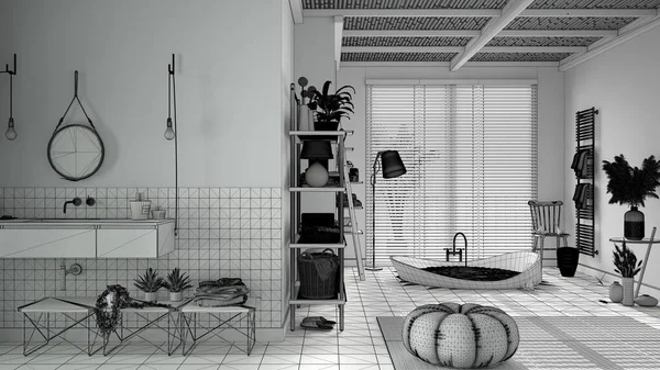 Unfinished Project Cosy Peaceful Bathroom Big Bathtub Ceramic Tiles Sink — Stock Photo, Image