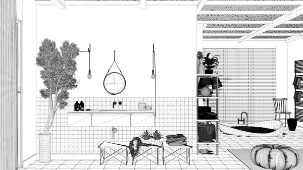Návrh Projektu Útulná Klidná Koupelna Vana Keramické Dlaždice Dřez Zrcadlem — Stock fotografie