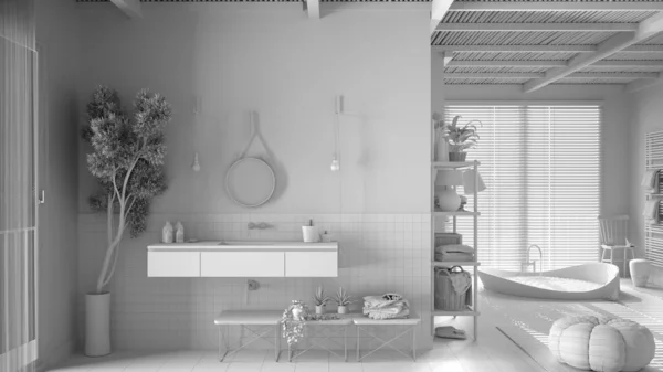 Całkowity Biały Projekt Przytulna Spokojna Łazienka Wanna Płytki Ceramiczne Umywalka — Zdjęcie stockowe