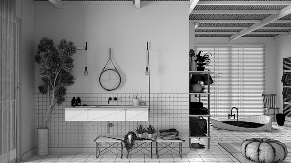 Nedokončený Projekt Útulná Klidná Koupelna Vana Keramické Dlaždice Dřez Zrcadlem — Stock fotografie