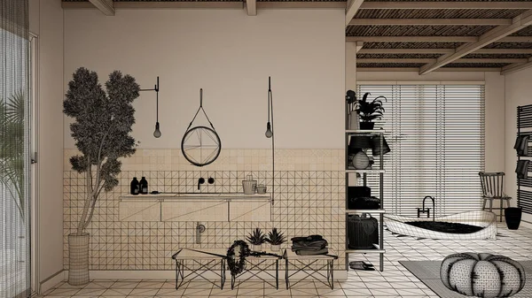 Prázdný Bílý Interiér Parketovou Podlahou Zakázkový Architektonický Projekt Náčrt Černého — Stock fotografie
