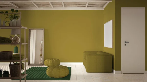 Άνετο Ξύλινο Ήσυχο Δωμάτιο Πράσινους Τόνους Κεραμικά Πλακάκια Δαπέδου Χαλί — Φωτογραφία Αρχείου