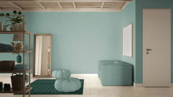 Cosy Ruang Damai Kayu Dengan Nada Pirus Ubin Keramik Karpet — Stok Foto