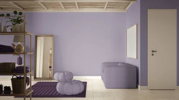 Cosy wooden peaceful room in purple tones, ceramic tiles floor, carpet, round poufs, shelves with plants and decors and sofa. Mirror and door, spa, hotel suite, modern interior design