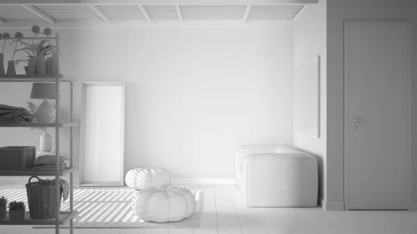 Projeto Branco Total Acolhedor Quarto Tranquilo Madeira Telhas Cerâmicas Carpete — Fotografia de Stock