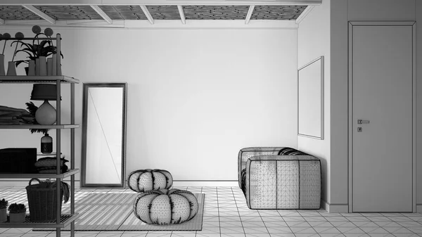 Niedokończony Projekt Przytulny Drewniany Spokojny Pokój Płytki Ceramiczne Dywan Okrągłe — Zdjęcie stockowe
