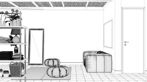 Σχέδιο Έργου Σχέδιο Άνετο Ξύλινο Ήσυχο Δωμάτιο Κεραμικά Πλακάκια Χαλί — Φωτογραφία Αρχείου