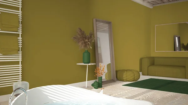 緑の色調で美しい木製の静かなバスルーム 大きな円形浴槽 セラミックタイルの床 花瓶や装飾付きの鏡 ソファ カーペットとPouf ホテルスイート モダンなインテリアデザイン — ストック写真