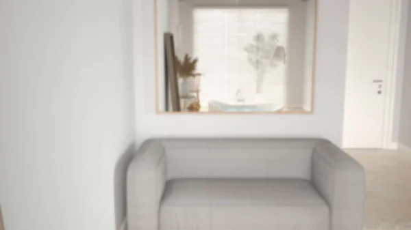 ぼかしの背景 居心地の良い静かなバスルーム 柔らかいソファの上の鏡の中の反射 円形のバスタブ 花瓶付きのテーブル ブラインド ホテルスイート モダンなインテリアデザインの窓 — ストック写真