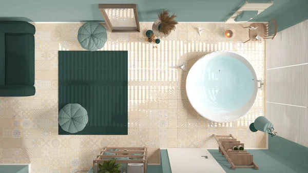 청록색으로 목욕실 커다란 세라믹 카펫과 주머니 선반과 스위트룸 현대식 인테리어 — 스톡 사진