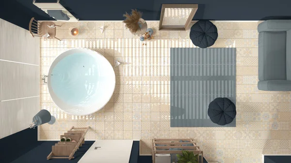 파란색으로 목욕실 커다란 세라믹 카펫과 주머니 선반과 스위트 현대식 인테리어 — 스톡 사진