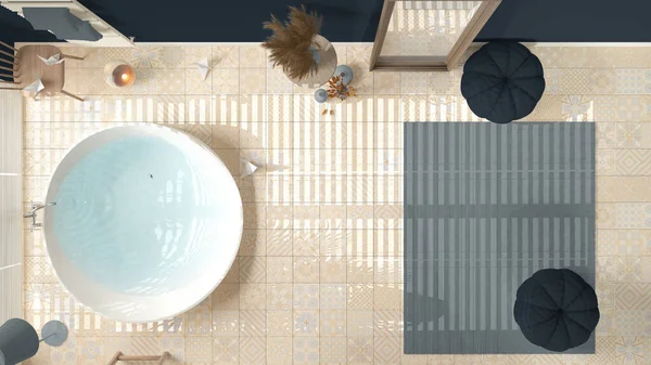 파란색으로 목욕실 커다란 세라믹 소파가 주머니 스위트 현대식 인테리어 디자인 — 스톡 사진