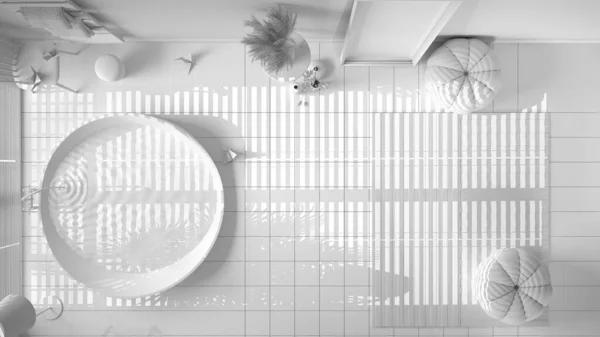 Projeto Branco Total Banheiro Acolhedor Grande Banheira Redonda Piso Azulejos — Fotografia de Stock