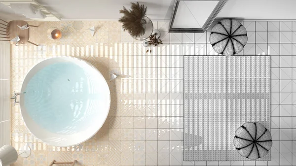 인테리어 디자이너 손으로 인테리어 프로젝트를 그리는 공간이 현실이 스위트 디자인 — 스톡 사진