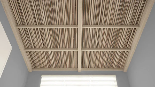 Ceiling close-up in modern sustainable country interior, wooden bamboo ceiling, exposed beams and canes, gray plaster walls, window with blinds, overhead roof architecture design