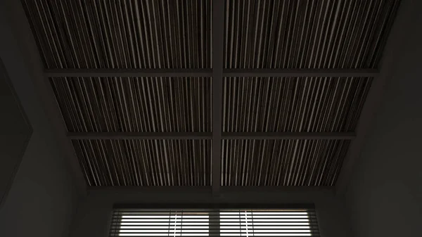 Ceiling close-up in modern sustainable country interior, dark wooden bamboo ceiling, exposed beams, canes, black plaster walls, window with blinds, overhead roof architecture design