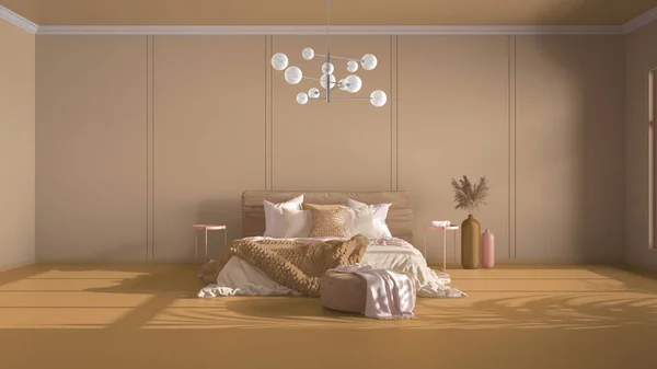 コピースペースと古典的な黄色の背景 空の寝室 毛布とダブルベッド リネンと枕 Pouffと装飾 ガラスのモダンなシャンデリア ホームとホテルのインテリアデザインコンセプト — ストック写真