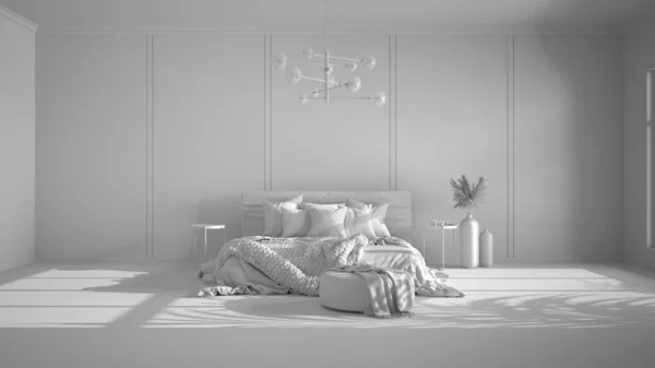 整体白色项目 经典背景与复制空间 空卧室 双人床与毛毯 亚麻布 装饰和吊灯 家庭和酒店室内设计概念 — 图库照片