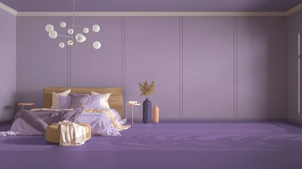 コピースペースと古典的な紫色の背景 空の寝室 毛布付きのダブルベッド リネンと枕 Pouffと装飾 ガラスのモダンなシャンデリア ホームとホテルのインテリアデザインコンセプト — ストック写真