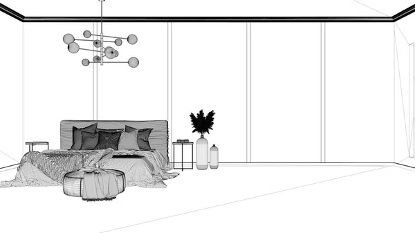 図面プロジェクトの草案は コピースペースと古典的な背景 空のベッドルーム リネン Pouff 装飾品 シャンデリア付きのダブルベッド ホームとホテルのインテリアデザインコンセプト — ストック写真
