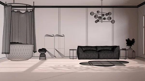베이지 프로젝트 스케치 소파와 욕조가 공간을 청사진 다듬은 스위트 — 스톡 사진