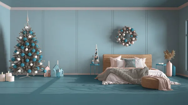 Klasszikus Kék Háttér Másolás Karácsonyi Díszített Hálószoba Gyertyák Díszek Dupla — Stock Fotó