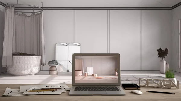 디자이너 데스크톱 나무로 책상에 노트북 디자인 프로젝트 청사진 고전적 욕조가 — 스톡 사진