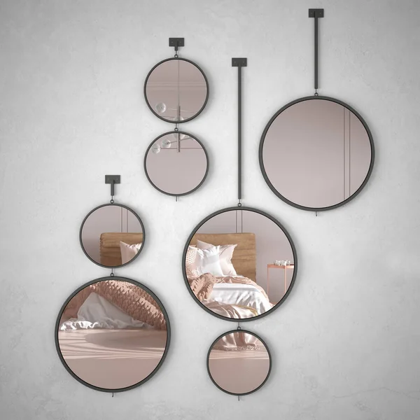거울들은 인테리어 디자인 장면을 반영하고 고전적 럭셔리 베이지 침실에는 샹들리에 — 스톡 사진