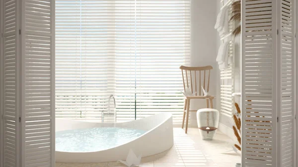 Fehér Összecsukható Ajtó Nyílik Minimalista Luxus Fehér Fürdőszoba Nagy Kerek — Stock Fotó