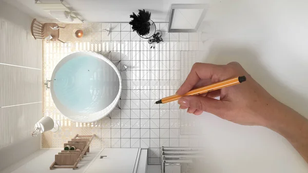 建筑师室内设计理念 手绘设计室内工程 空间成为现实 现代白色浴室 顶视图 平面图等 — 图库照片