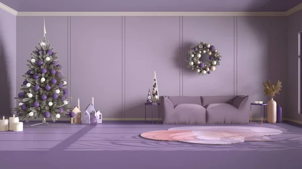 Classic violet background with copy space: Christmas decorated living room with tree, candles and ornaments, sofa, carpet and side tables. Home and hotel interior design concept idea