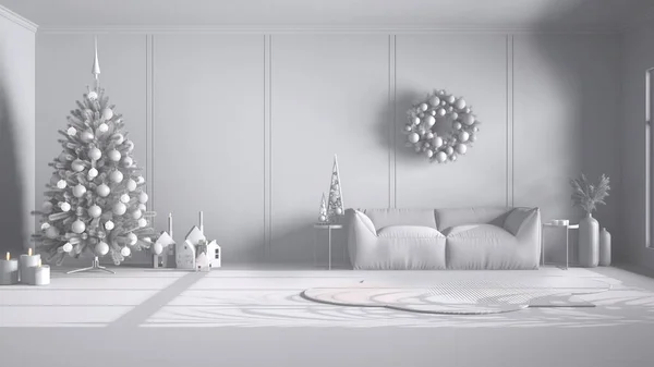 Celkový Bílý Projekt Návrh Klasické Zázemí Vánoční Zdobený Obývací Pokoj — Stock fotografie