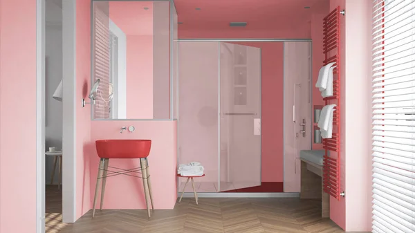 Minimalista Fürdőszoba Piros Tónusú Mosogatóval Nagy Zuhanyzó Üveg Kabinnal Fűtött — Stock Fotó