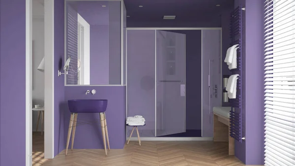 Minimalista Fürdőszoba Lila Tónusú Mosogatóval Nagy Zuhanyzó Üveg Kabinnal Fűtött — Stock Fotó